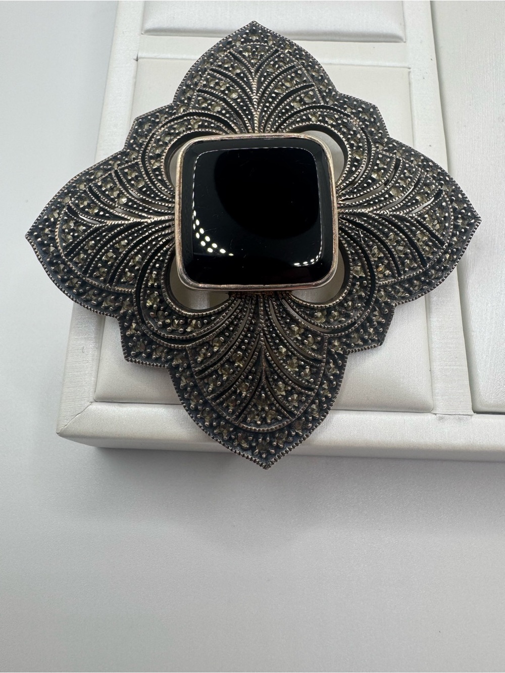Judith Jack Vintage Sterling Silver Marcasite & Black Onyx Art Deco Brooch